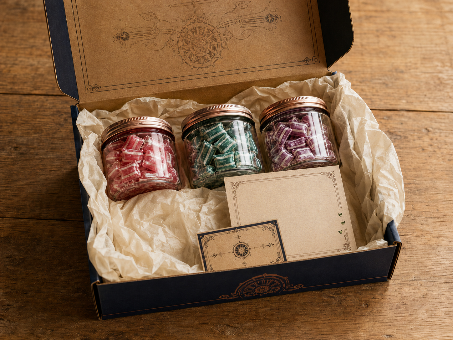 Candy Worx monthly subscription box with three jars of colorful old-fashioned hard candy
